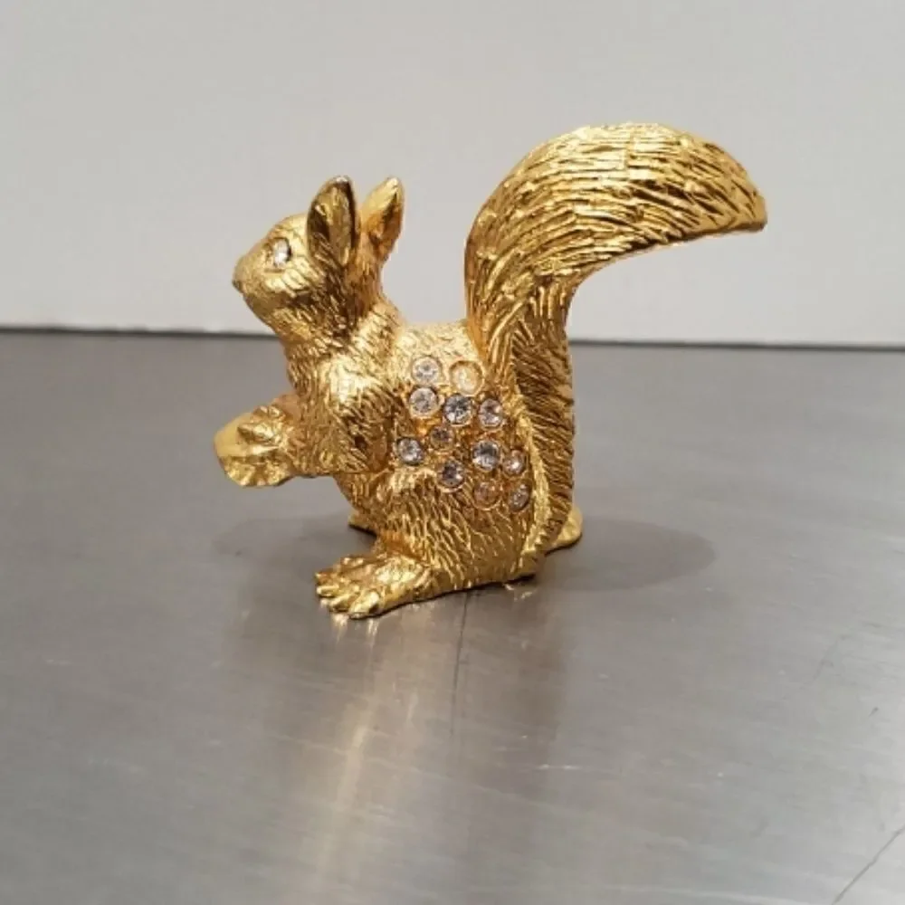 Gold Squirrel Holding Nut Rhinestone Figurine